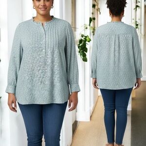 Talbots Popover Top Womens 2X Mint Green Speckled Pintuck Ruffle Cotton Blouse